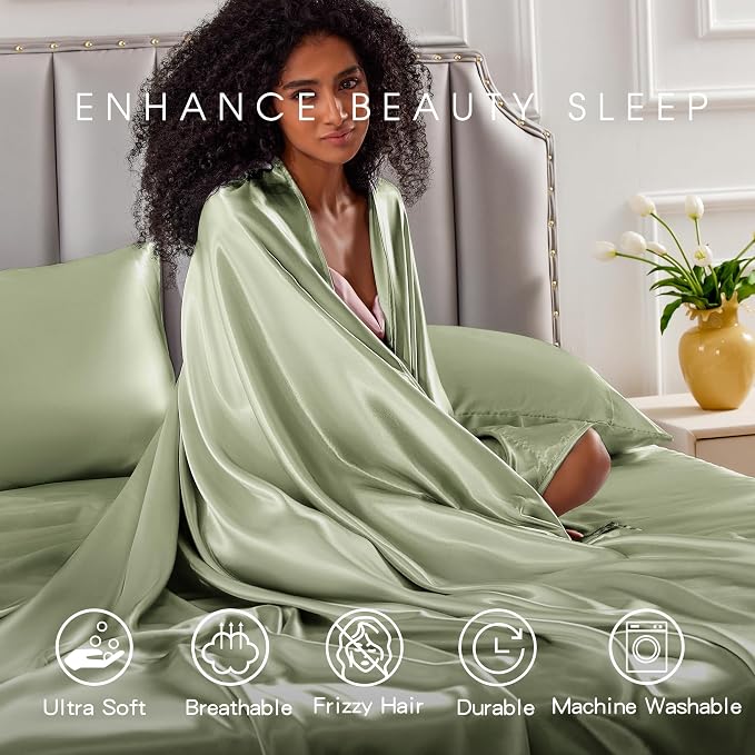 FreshCulture Satin Sheets Queen Size Bed Set- 4 Piece Luxury Soft Silky Queen - Image 7