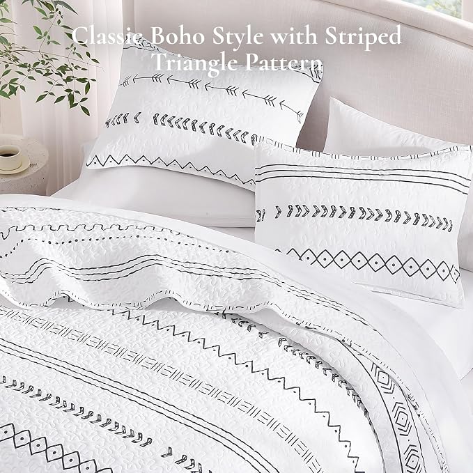 Andency White Quilts Queen Size, 3 Pieces Queen Quilt Bedding Set Boho - Image 4