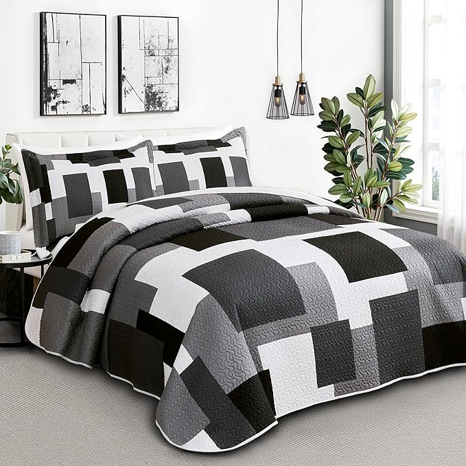 Tyrot 3 Piece Black Grey Quilt Set California King Size Black White Geometric - Image 2