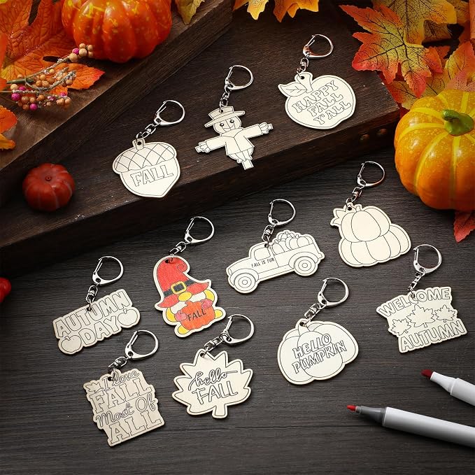 RattanView 24 Pcs Fall Craft Color Your Own Keychains DIY Craft Wooden Blank - Image 4