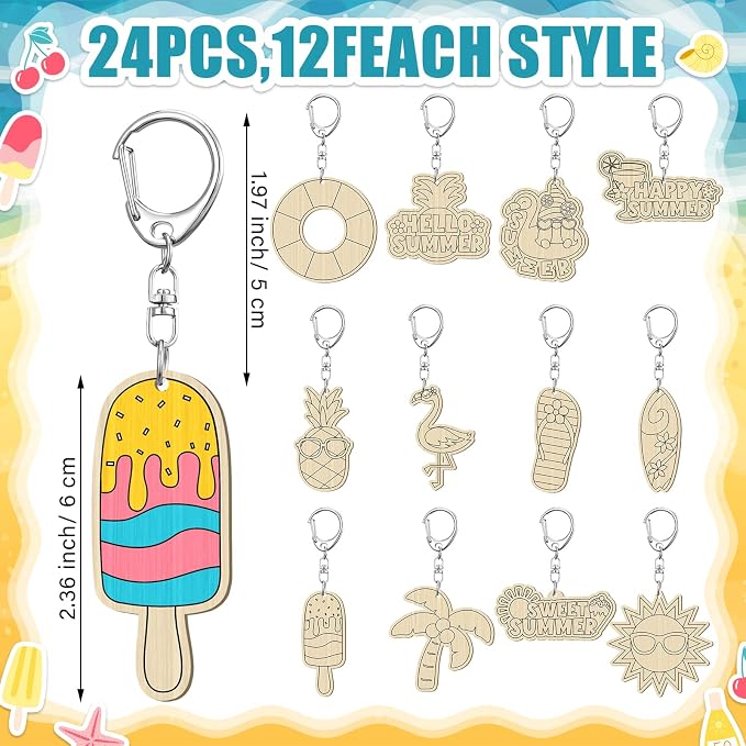 RattanView 24 Pcs Summer Party Craft Color Your Own Keychains Diy Craft Wooden - Image 2