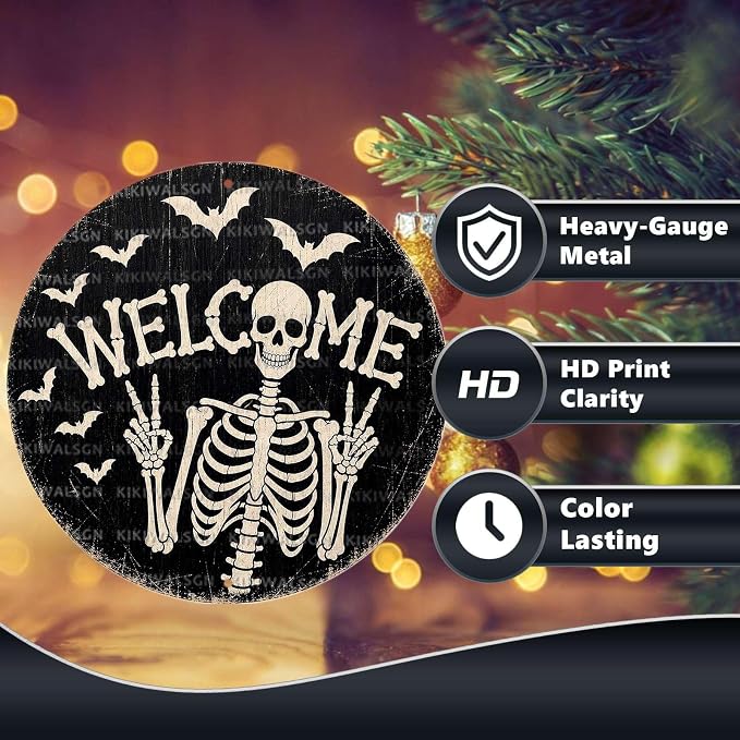 Funny Skeleton Welcome Halloween Metal Tin Sign Round Wall Decor Peace Sign Bat - Image 4