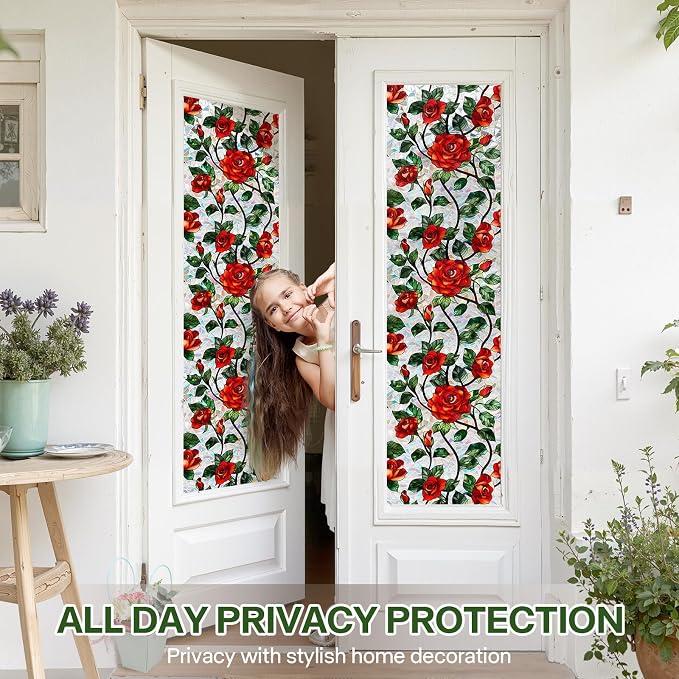 Stained Glass Window Film, Rose Floral Privacy UV Resistant, Removable Static - Image 3