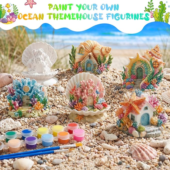 Thyle 6 Set 5 Inch Ceramics Fairy House to Paint Ocean Fairy Garden House Craft - Image 6