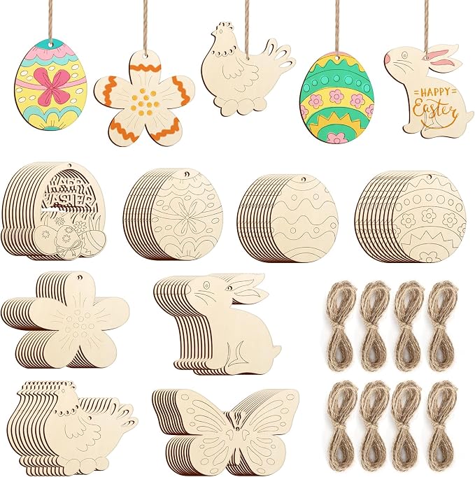 80PCS Wooden Easter Ornaments to Paint, 8 Styles DIY Blank Unfinished Wood by Sophena