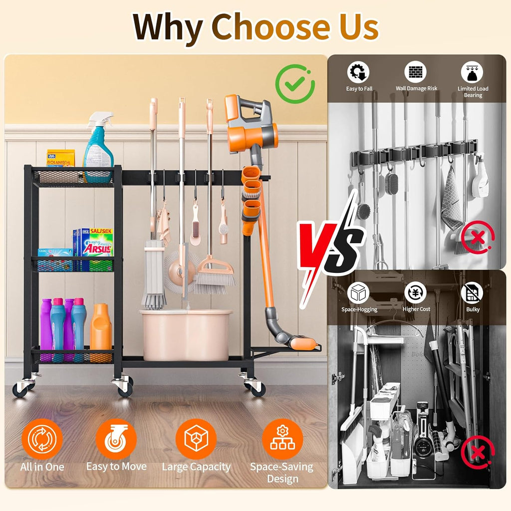 Cleaning Supplies Organizer with Broom Holder Load 350 LBS Cleaning Cart with Wheels Broom Closet Storage with 3-Tier Shelves, 6 Mop Hanger Grippers, 3 Double-Hooks, Vacuum Stand for Laundry Garage