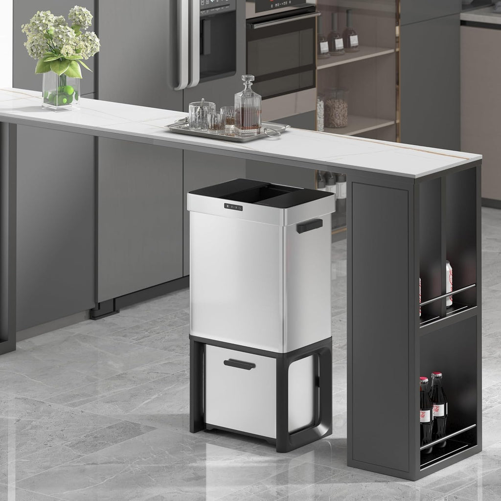 19 Gal Kitchen Automatic Motion Sensor Trash Can with 2 Recycling Dustbin(50L+22L),Ozone Odor Control Stainless Steel Garbage Can with Slide-Open Lid