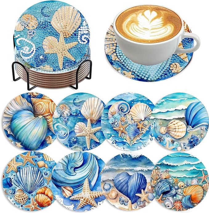 8 Pack Ocean Diamond Art Coasters, Seashell Diamond Painting Coasters Kits | by Zythron