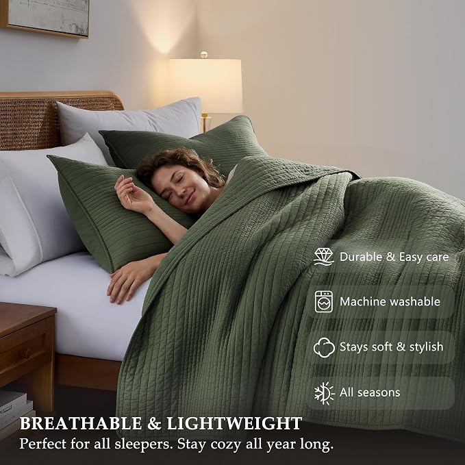 palassio Striped Olive Green 100% Cotton Quilt California Cal King Size Bedding - Image 5
