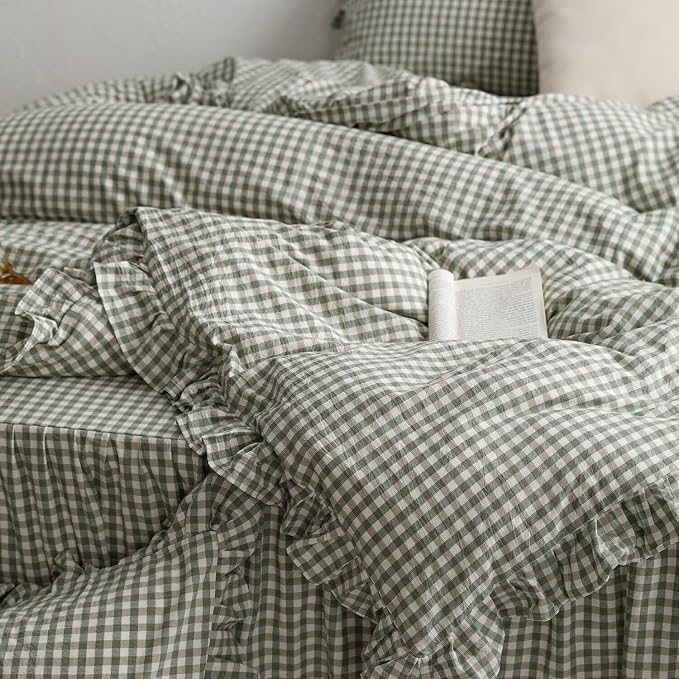 mixinni Green Gingham Ruffle Duvet Cover Twin XL Size 3 Pieces – 100% Washed - Image 7