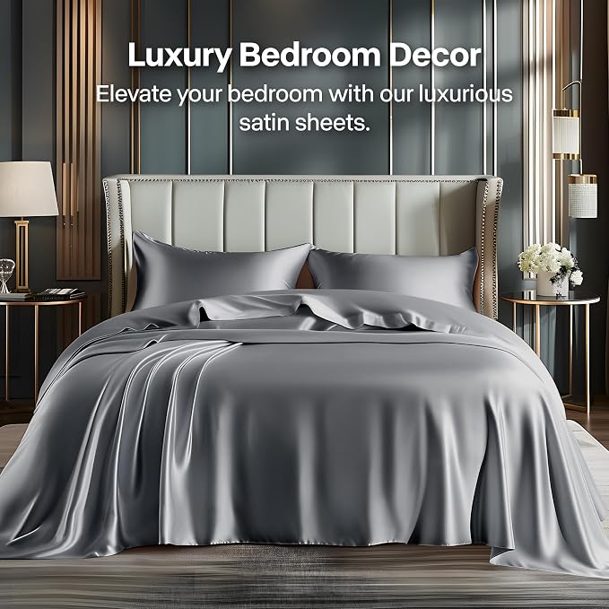 BEDELITE Satin Sheets Full XL Size Bed Set, Luxury Soft Dark Grey Silky Sheets - Image 2