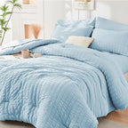 HYMOKEGE Lake Blue Duvet Cover King Size, Ultra Soft 3-Piece Seersucker Duvet - Image 4