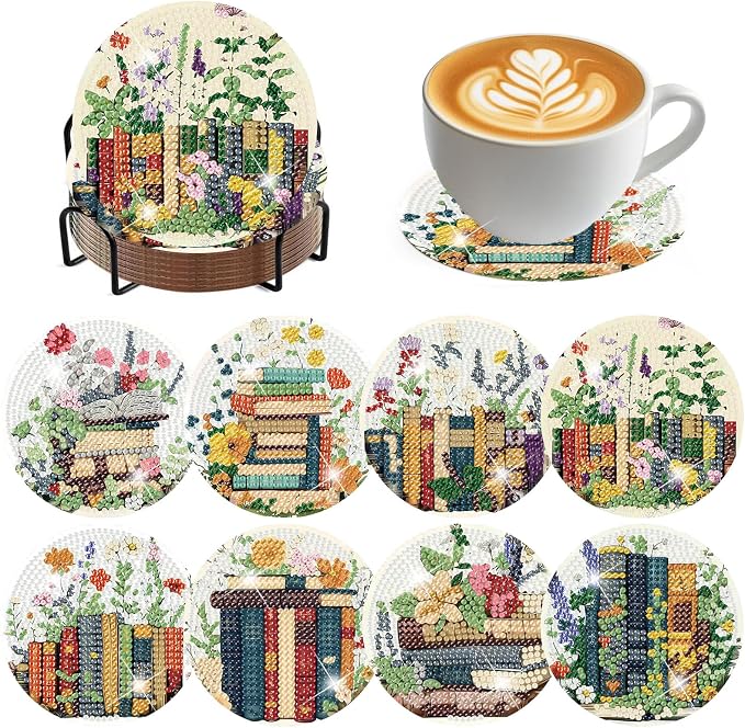 ijbnhd 8 Pcs Diamond Art Coasters Kits Books Diamond Painting Coasters | Books by ijbnhd