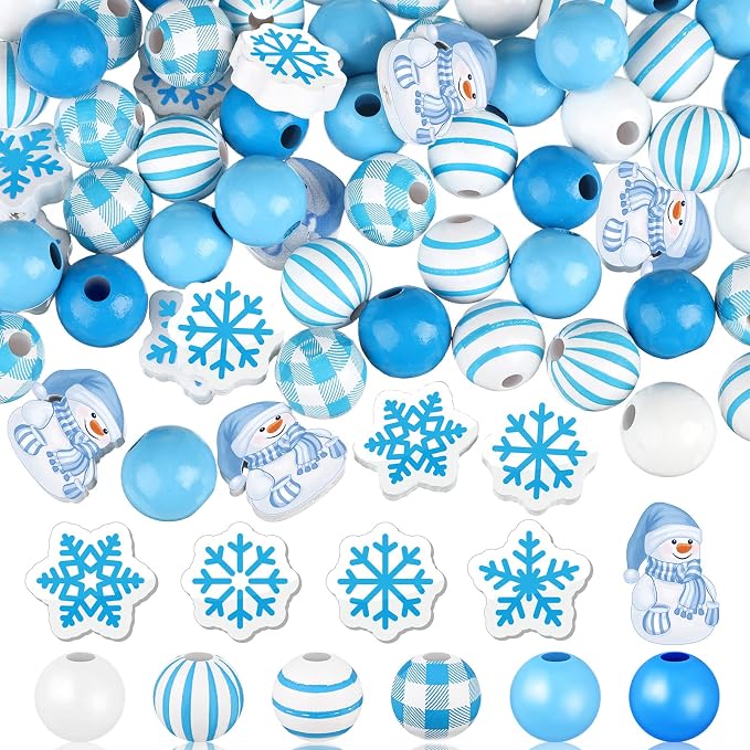 Qunclay 200 Pcs Blue Wooden Beads Winter Snowflake Snowman Wooden Beads by Qunclay