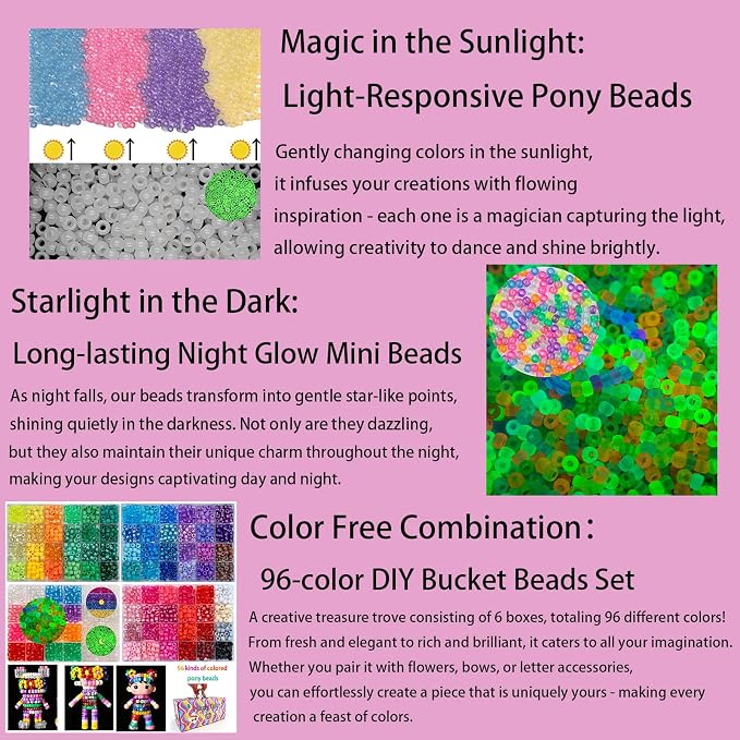 Acrylic Pony Beads Jewelry Making Kit – 96 Colors, UV Color Changing & Glow - Image 6
