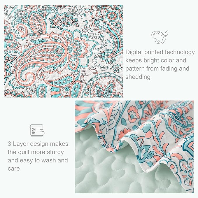 Exclusivo Mezcla Reversible Boho Quilts King Size, Aqua Bedspreads Lightweight - Image 5