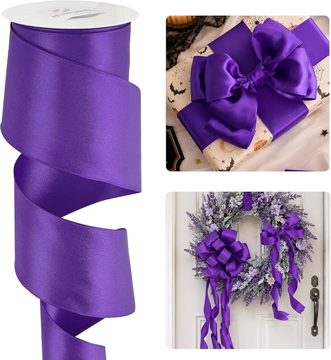 HUIHUANG Purple Wired Ribbon 2.5 inch Purple Satin Wire Edge Ribbon by HUIHUANG
