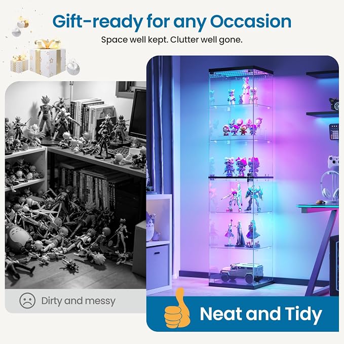 Dystler 6-Tier Glass Display Cabinet, RGB LED Lights & Lock | 66.9" Display Case - Image 7
