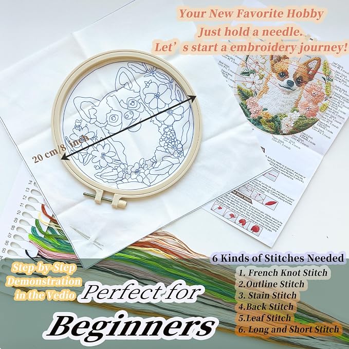 FONNUY Chihuahua Dog Floral Embroidery Kit, Cross Stitch Kits - Image 4