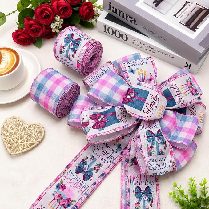 Birthday Wired Edge Ribbon, 2 Rolls 2.5 Inch x 10 Yards Each, Birthday Party - Image 5