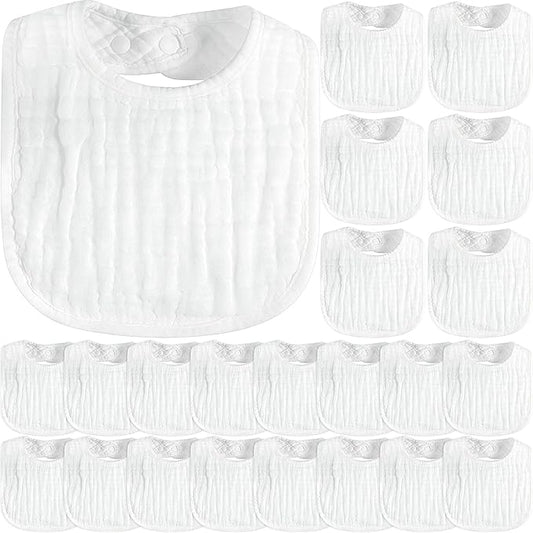 Zhanmai 20 Pack Muslin Baby Bibs Adjustable White Drool Bandana Bibs 6 Absorbent Layers for Newborn Baby Girl Boy Feeding, Drooling and Teething, Machine Washable