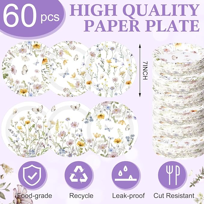 Funnymoom 60 Pcs 7 Inch Floral Party Plates Wildflower Paper Plates Spring - Image 2