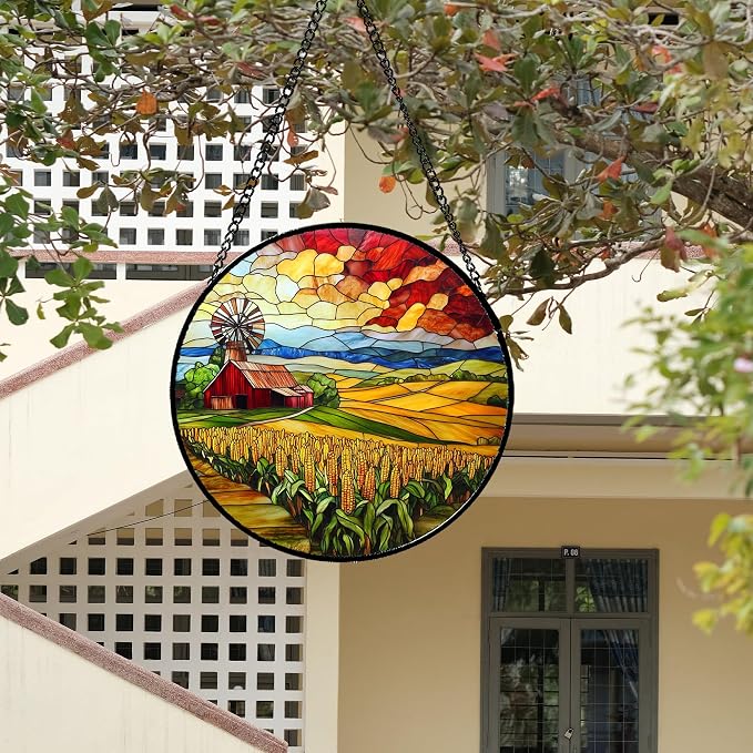 Stained Glass Window Hanging Autumn Farm Corn Harvest Landscape Large 11.8" - Image 4