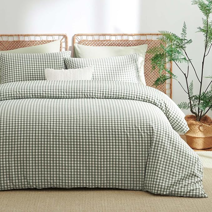 Nayoroom Gingham Duvet Cover Twin Size 100% Washed Cotton Green Plaid Checkered - Image 4