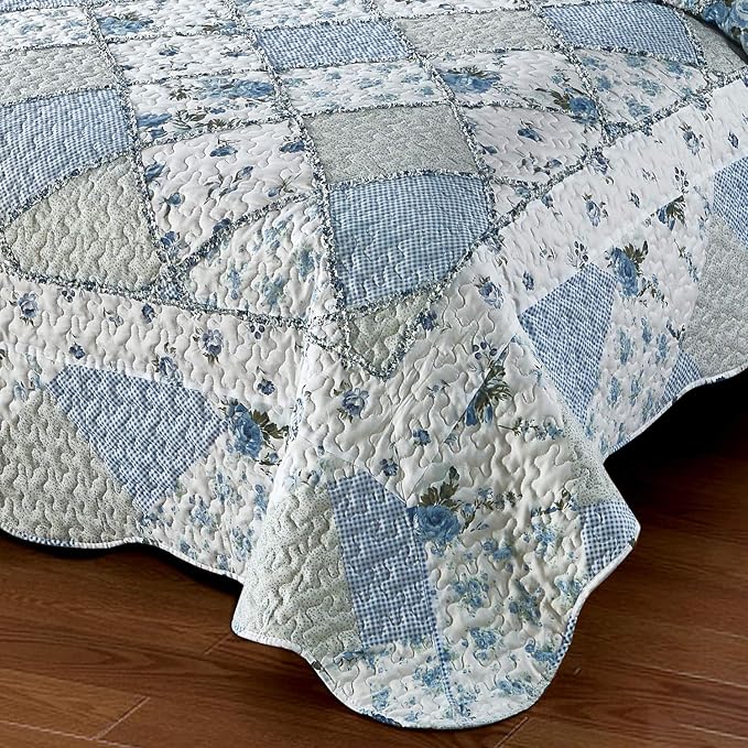 Oversized King Size Blue Floral Plaid Patchwork Quilt Set 128x120 Extra Wide - Image 5