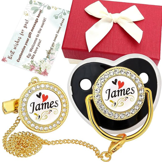 Personalized Pacifier Set with Name, BPA Free, Bling Gold Silver Pink Rose Gold Luxurious Ideal Gift for Newborns (Black)