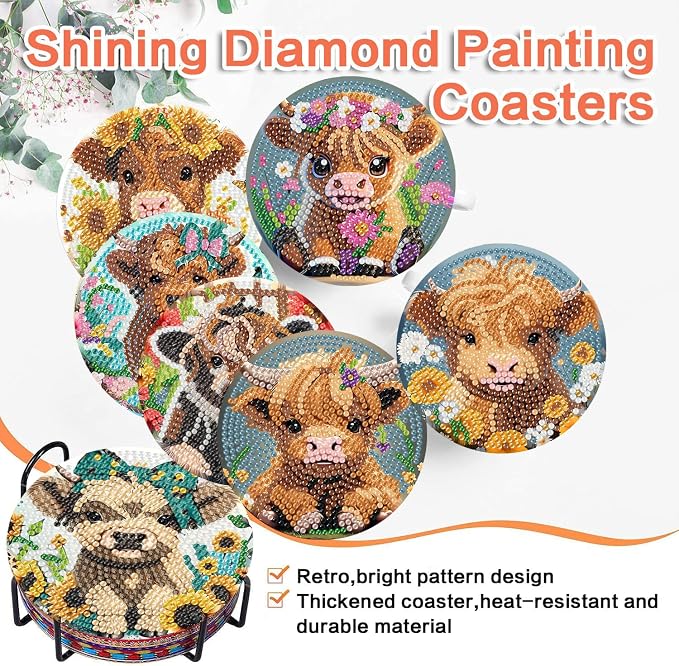 ijbnhd 8 Pack Highland Cow Diamond Art Coasters Kits | Cow Diamond Painting - Image 5
