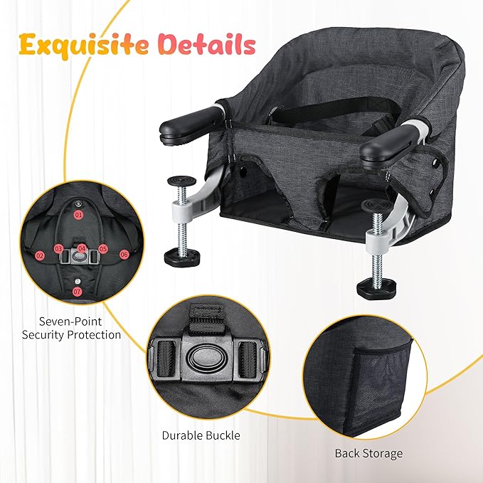 Toogel Hook On High Chair with Removable Dining Tray,Folding Portable Clip on Table High Chair,Baby Chair with Storage Bag for Indoor/Outdoor, Black
