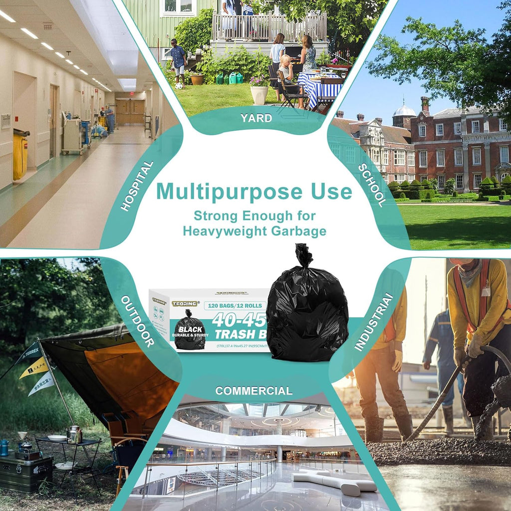 40-45 Gallon Black Trash Bags 120 Count - 37''x45'' Large Garbage Bags Unscented, 40+ Gallon Trash Can Liners, Multipurpose for Office, Outdoor, Recycling and Commercial