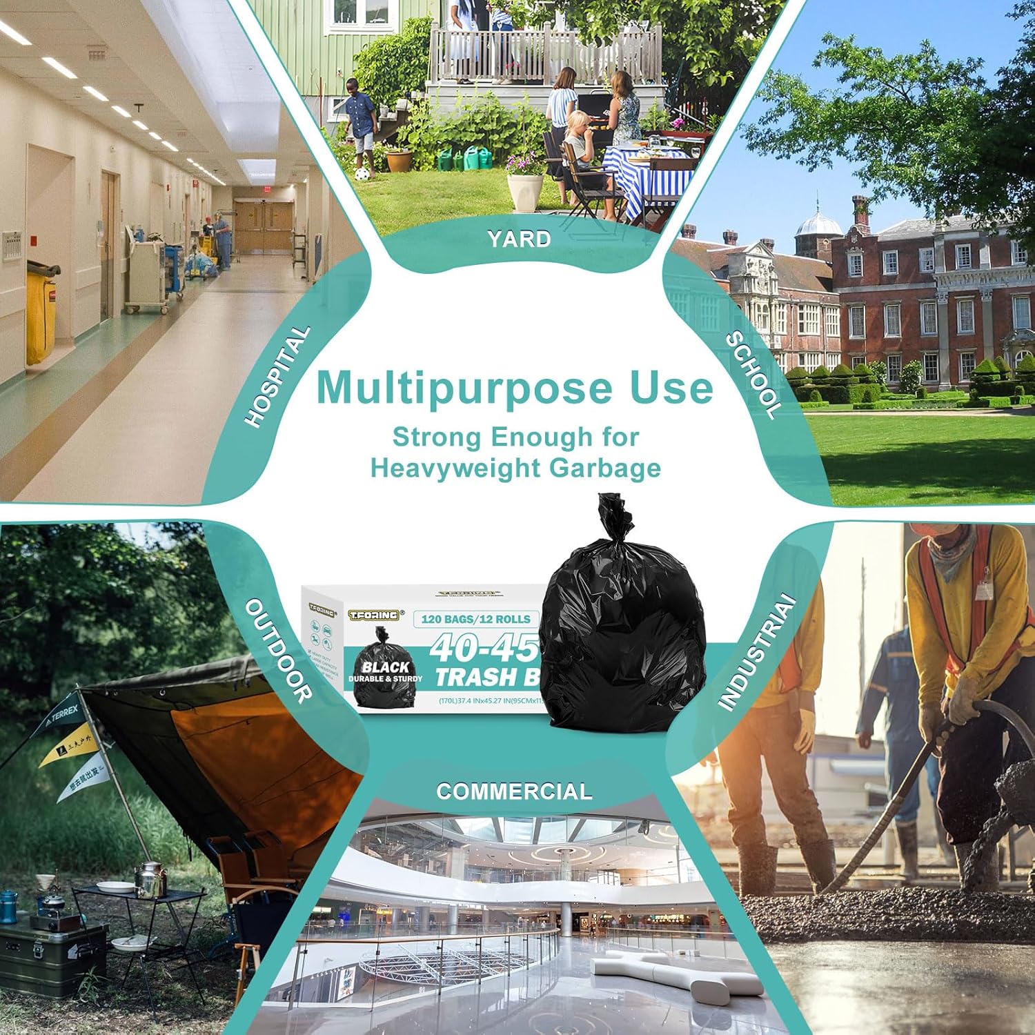 40-45 Gallon Black Trash Bags 120 Count - 37''x45'' Large Garbage Bags Unscented, 40+ Gallon Trash Can Liners, Multipurpose for Office, Outdoor, Recycling and Commercial