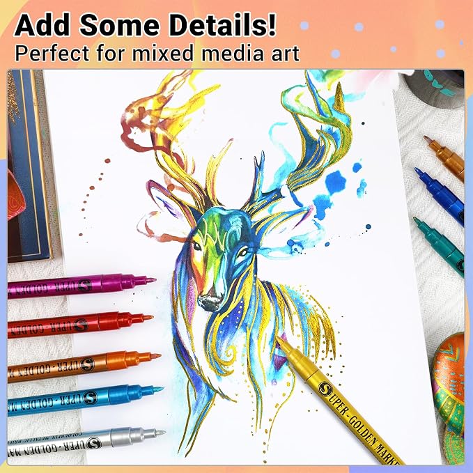 SAKEYR Super Golden Metallic Paint Markers, 12 Colors Sparkle Metallic Glitter - Image 4