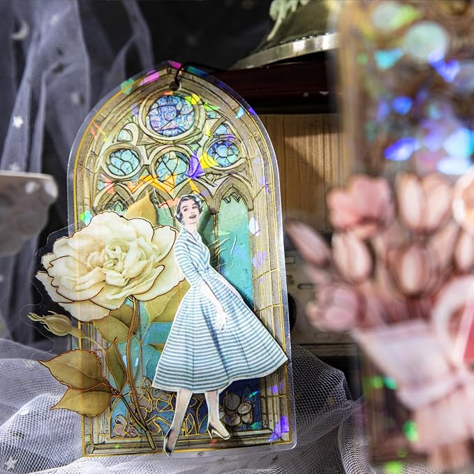 Glazed Flower Window Frame Stickes, 60 Pieces Glitter Holographic Transparent - Image 4