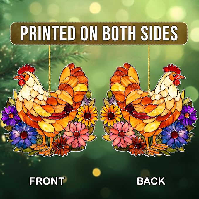 2D Flat Faux Stained Glass Chicken Acrylic Christmas Ornament, Hen Ornaments - Image 7