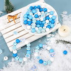 Qunclay 200 Pcs Blue Wooden Beads Winter Snowflake Snowman Wooden Beads - Image 5