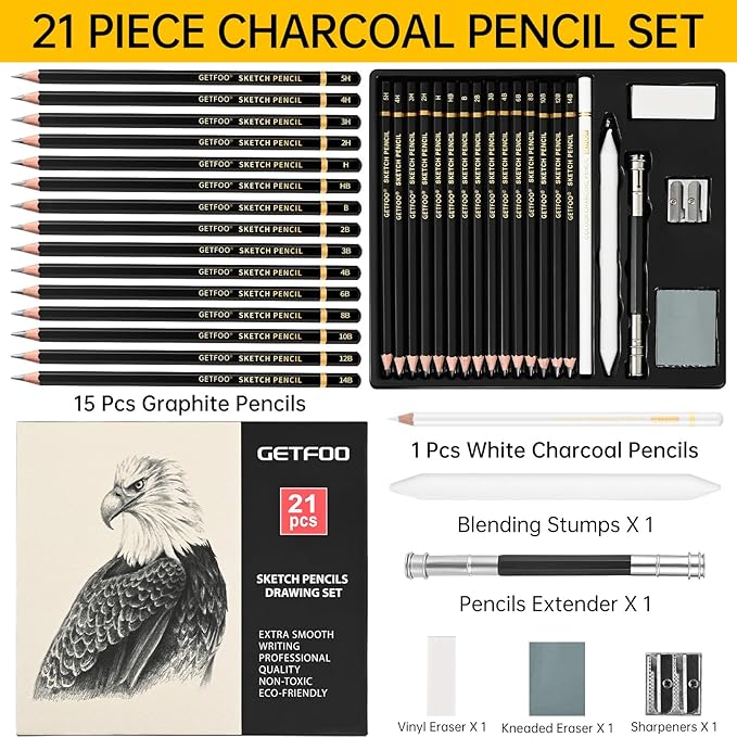 21pc Drawing Sketching Pencil Set Graphite 14B-5H & Charcoal Pencils | - Image 2