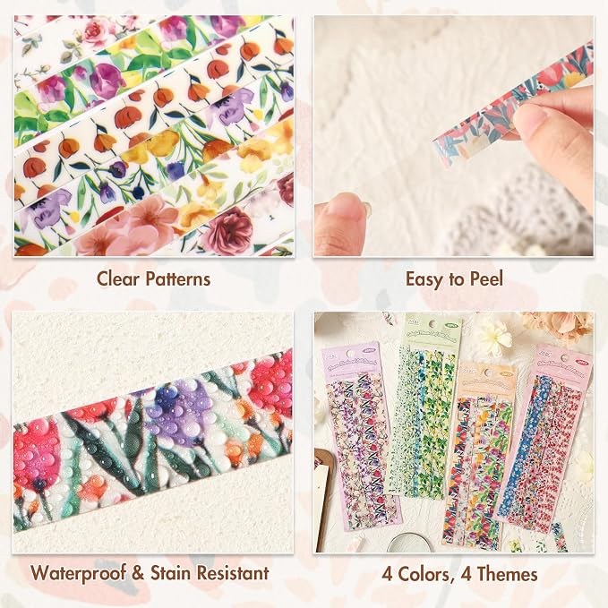 80 Pcs Vintage Botanical PET Flower Stickers Pack, Long Strip Transparent - Image 4