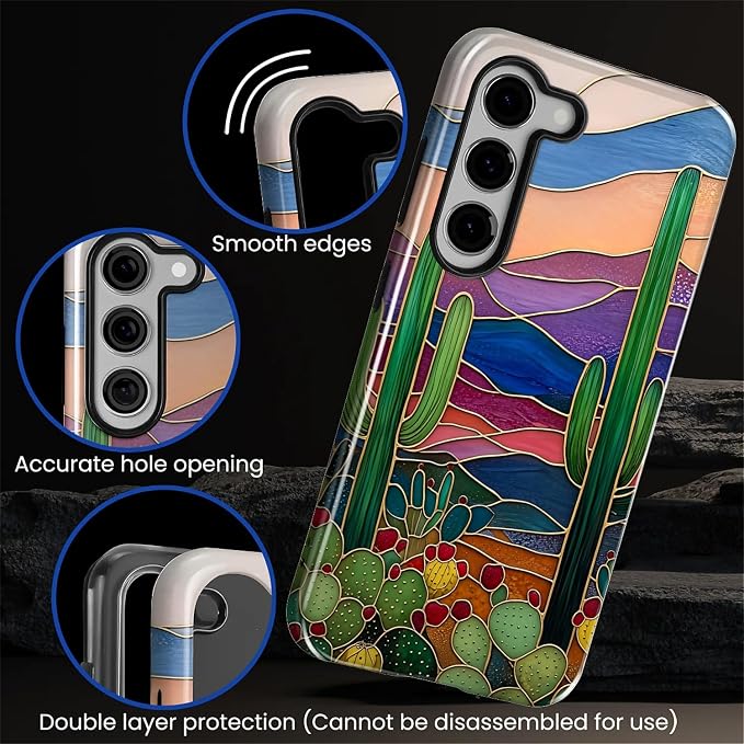 for Samsung Galaxy S23 Plus Case, Stained Glass Cactus Pattern Glossy 2 in 1 - Image 5