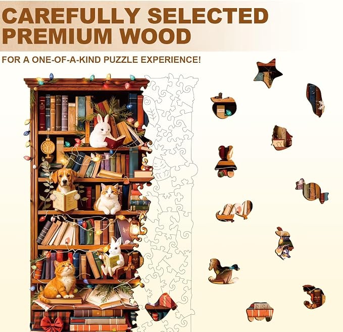 Animal Cozy Bookshelf Puzzles Adults Gifts Wooden 80 Pieces 8.5 * 5.3in - Image 3