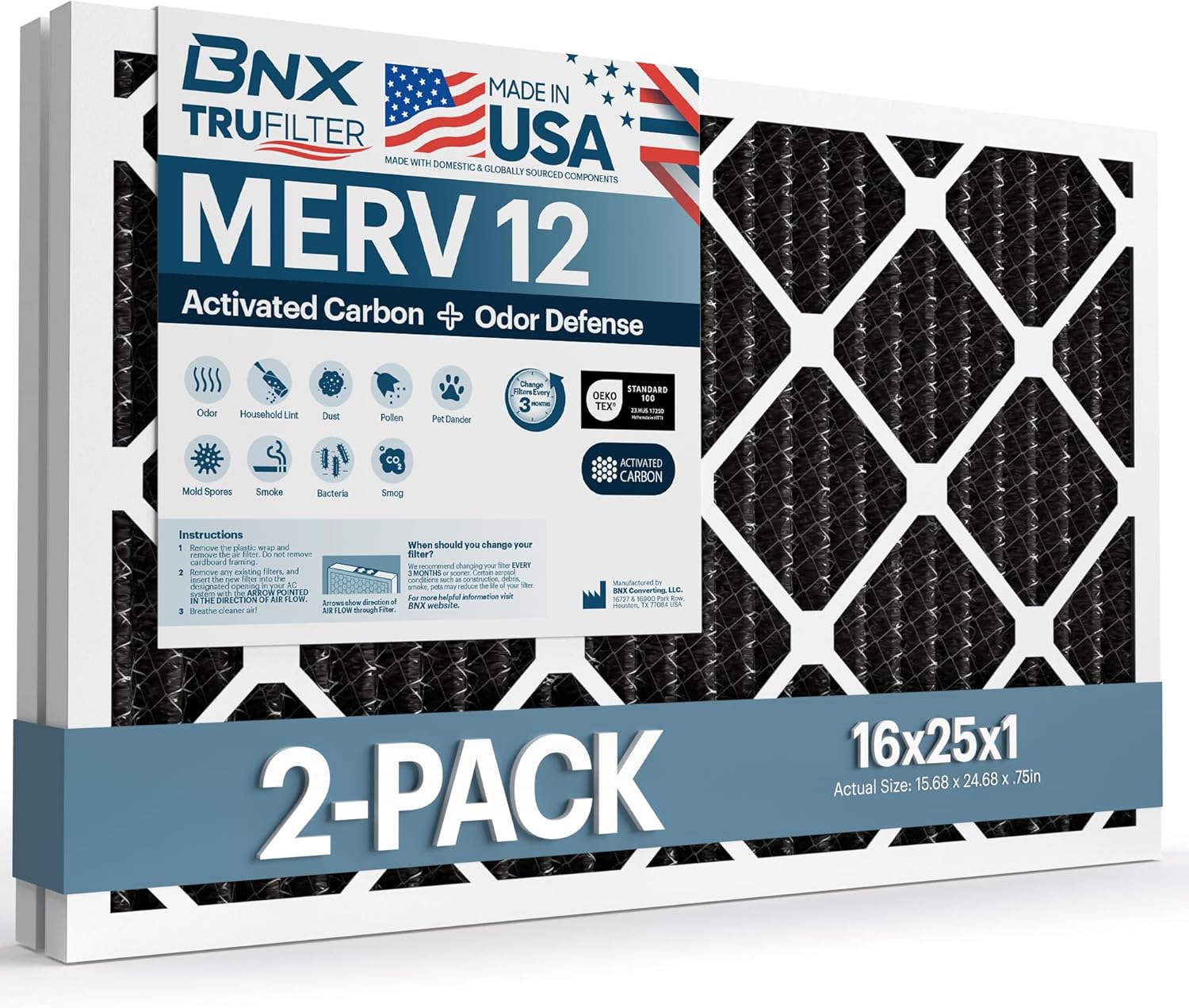BNX TruFilter 16x25x1 MERV 12 Odor Defense (2-Pack) AC Furnace Air Filter with Activated Carbon - MADE IN USA - Pleated Air Conditioner HVAC AC Furnace Filters - Removes Odor, Mold, Bacteria, Smoke
