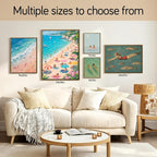 Framed Pastel Coastal Surfers Canvas Wall Art Aerial View of Vibrant Beach - Image 7