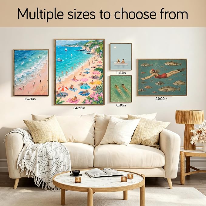 Framed Pastel Coastal Surfers Canvas Wall Art Aerial View of Vibrant Beach - Image 7