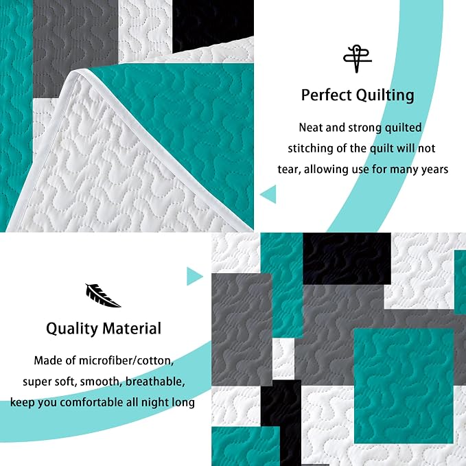 Tyrot 3 Piece Teal/Turquoise Grey Quilt Set King Size Black White Geometric - Image 4