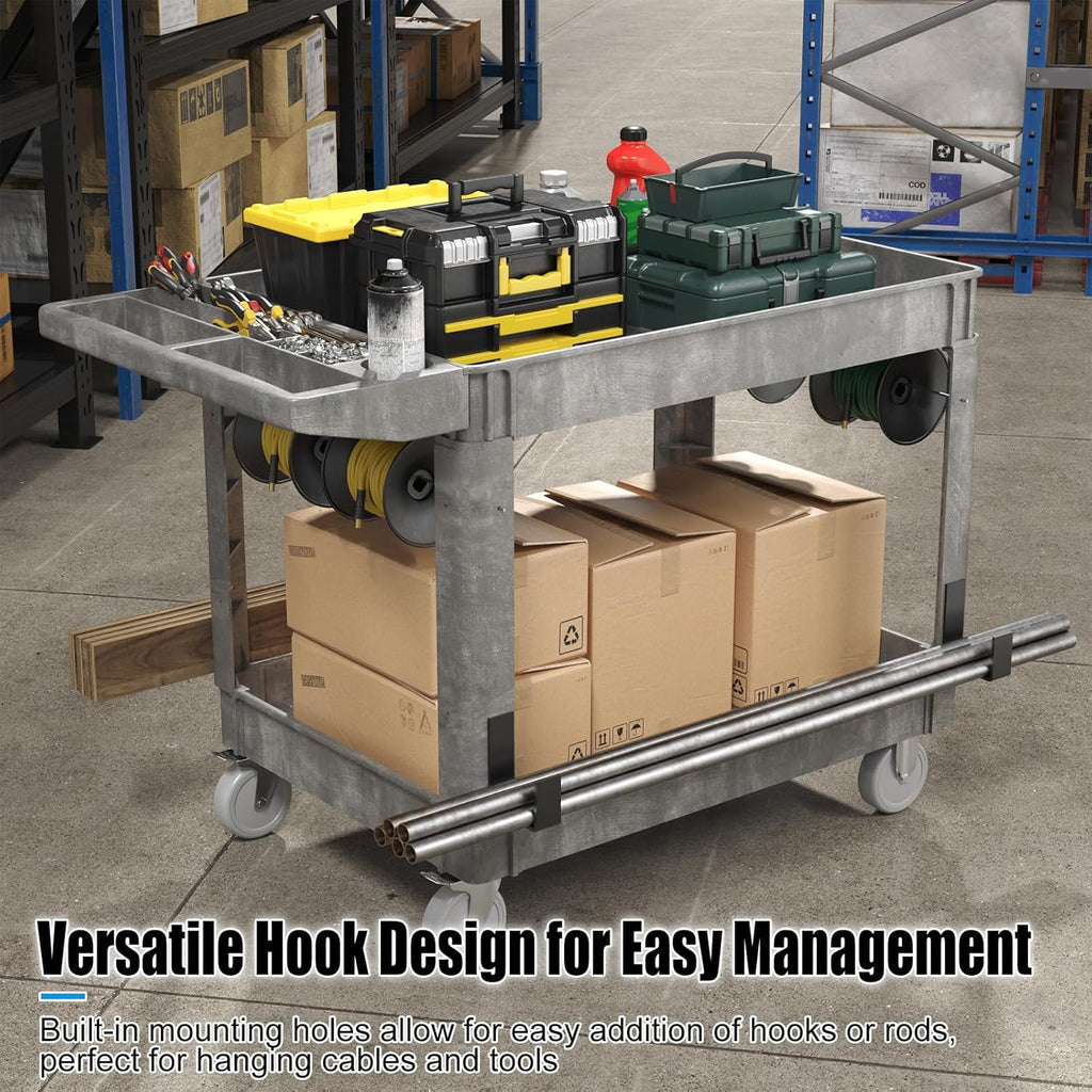 Heavy Duty Rolling Utility Cart with Wheels 2-Tier Utility Plastic Service Work Cart for Shop, Garage, Warehouse, Maintenance 550 lbs