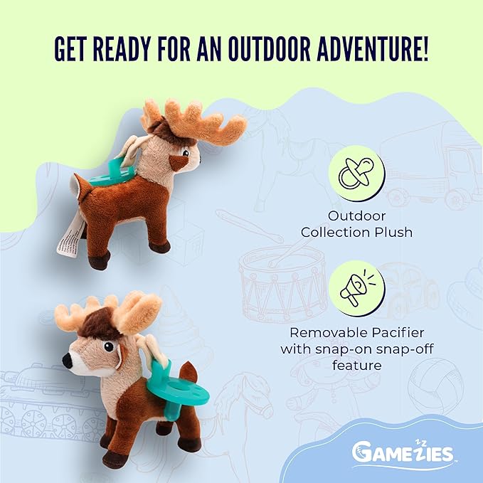 Gamezies Baby Boy and Girl Silicone Pacifier with Detachable Outdoor Plush Toy Holder, White Tail CPSIA Tested, BPA-Free 0-6 Months