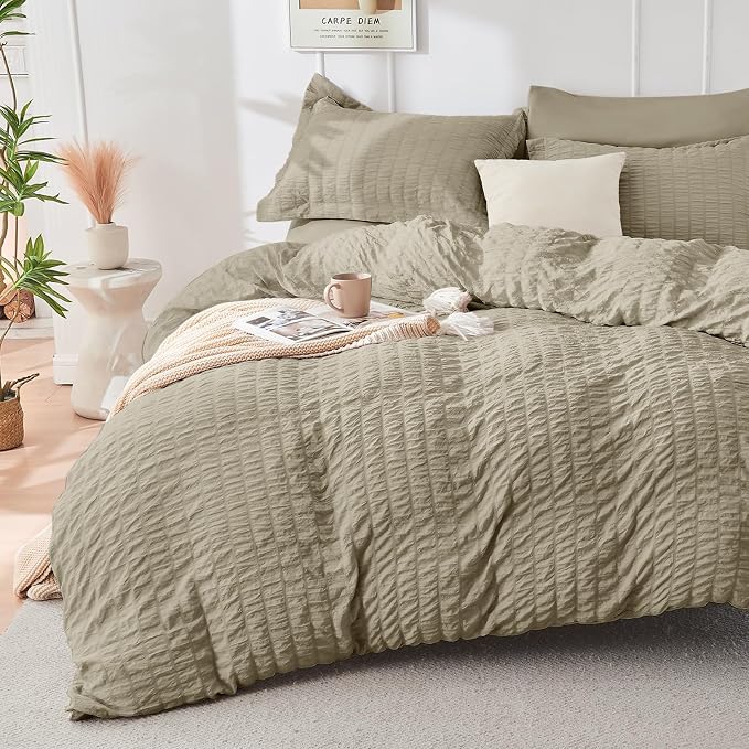 HYMOKEGE Linen Queen Comforter Set Seersucker 7 Pieces, All Season Luxury Bed - Image 2