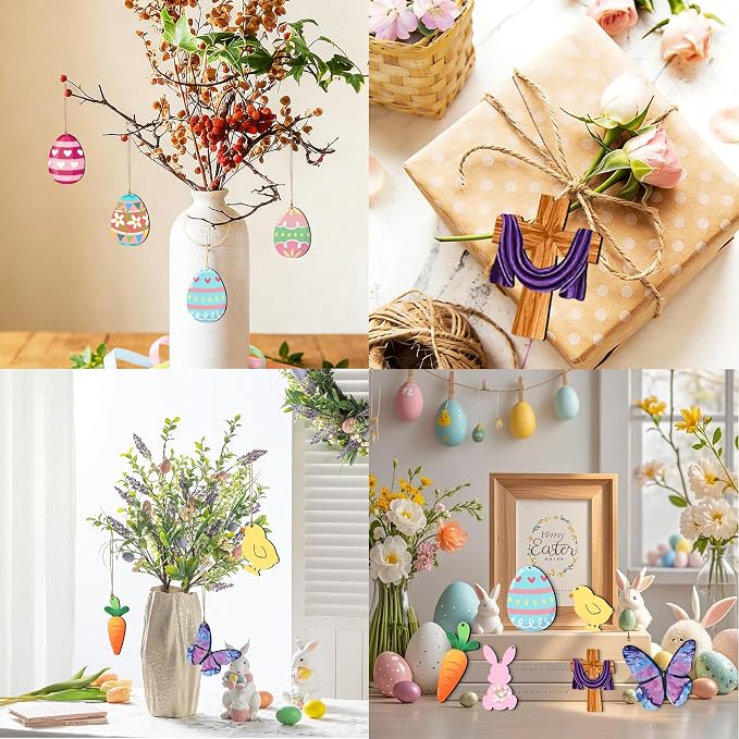 48Pcs Paintable Wooden Easter Ornaments Unfinished Wood Cutouts - Image 5